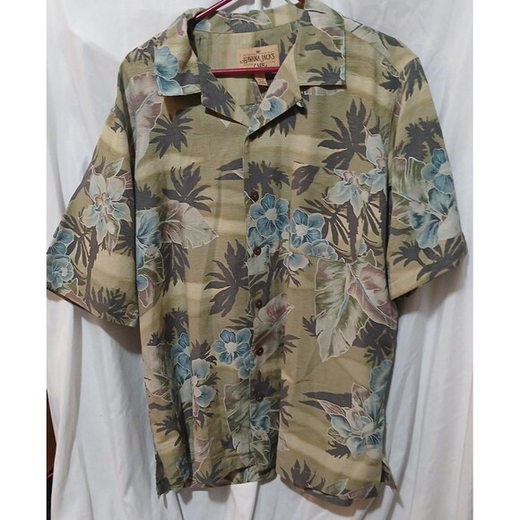 Havana Jack Cafe Hawaiian Shirt 100% Silk Size L Green Button Down - Picture 1 of 7
